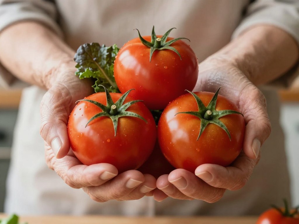 Close-up of healthy senior hands holding fresh Mediterranean vegetables including tomatoes and leafy greens