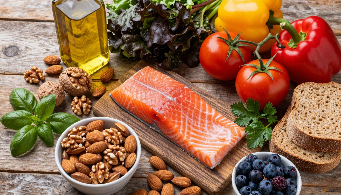 Colorful array of Mediterranean anti-inflammatory foods including salmon, olive oil, nuts, and fresh vegetables on wooden table