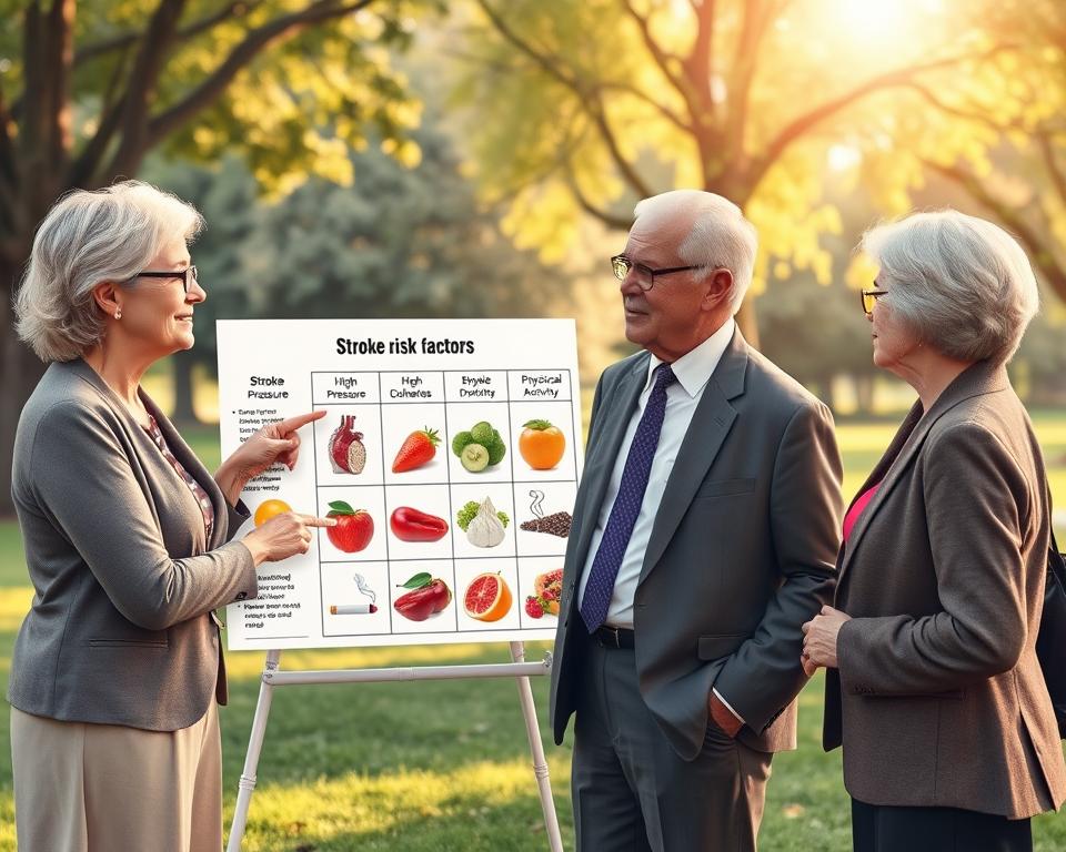 Create a detailed and informative illustration of stroke risk factors, showcasing a serene yet cautionary atmosphere. In the foreground, depict a diverse group of three adults aged 50 and over, dressed in professional business attire, engaged in a light discussion while pointing toward a chart displaying key risk factors: high blood pressure, high cholesterol, diabetes, smoking, and physical inactivity. In the middle ground, include a visual representation of healthy foods such as fruits and vegetables, emphasizing a natural approach to reducing stroke risk. The background should feature a calm park setting with gentle sunlight filtering through trees, enhancing a sense of tranquility and awareness. The image should have a soft focus, using warm lighting to create an inviting environment that promotes health and proactive lifestyle changes. Create a detailed and informative illustration of stroke risk factors, showcasing a serene yet cautionary atmosphere. In the foreground, depict a diverse group of three adults aged 50 and over, dressed in professional business attire, engaged in a light discussion while pointing toward a chart displaying key risk factors: high blood pressure, high cholesterol, diabetes, smoking, and physical inactivity. In the middle ground, include a visual representation of healthy foods such as fruits and vegetables, emphasizing a natural approach to reducing stroke risk. The background should feature a calm park setting with gentle sunlight filtering through trees, enhancing a sense of tranquility and awareness. The image should have a soft focus, using warm lighting to create an inviting environment that promotes health and proactive lifestyle changes.