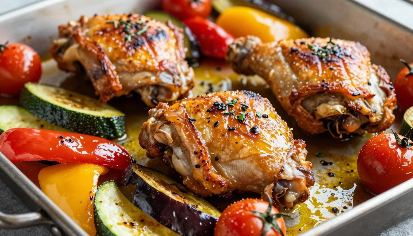 Delicious Mediterranean chicken and vegetable sheet pan meal with colorful roasted vegetables