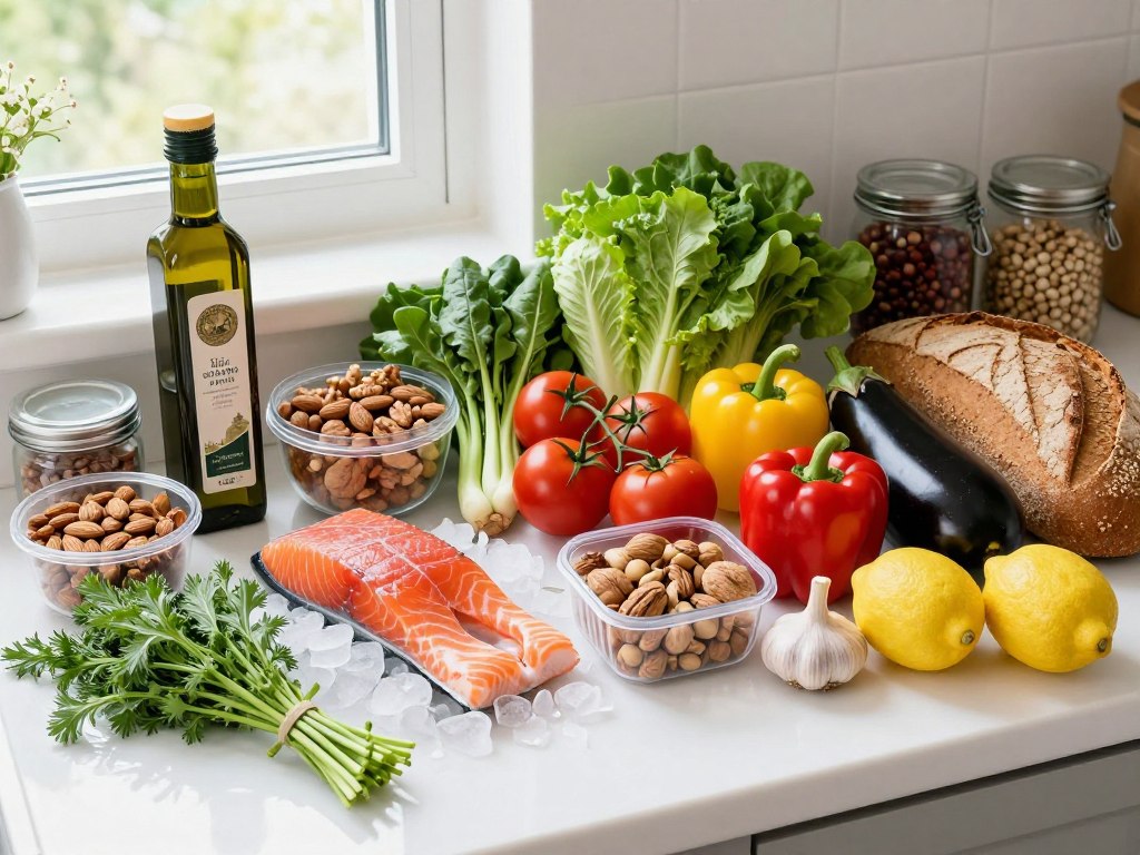 Fresh Mediterranean groceries including olive oil, fish, vegetables, nuts and whole grains arranged on kitchen counter
