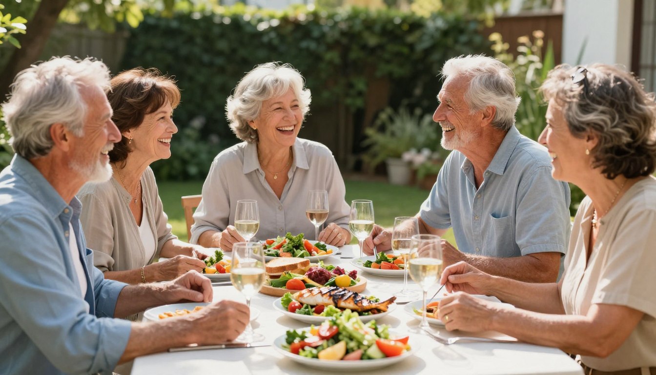 Group of healthy seniors over 50 enjoying Mediterranean meal together outdoors at table