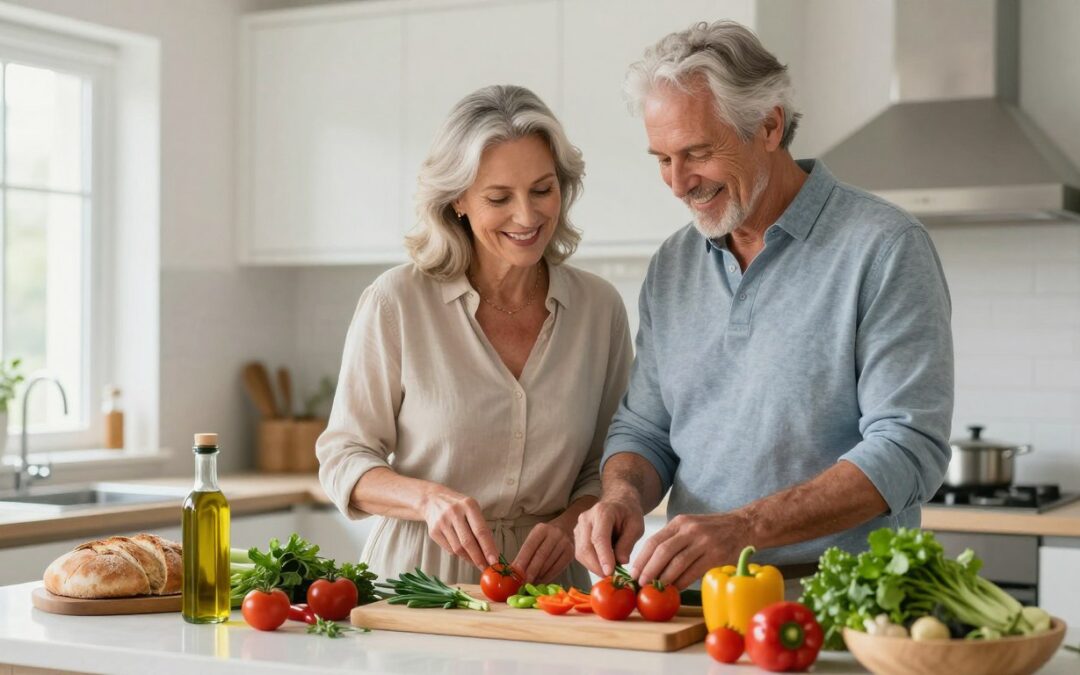 Healthy senior couple over 50 preparing fresh Mediterranean vegetables together in bright kitchen
