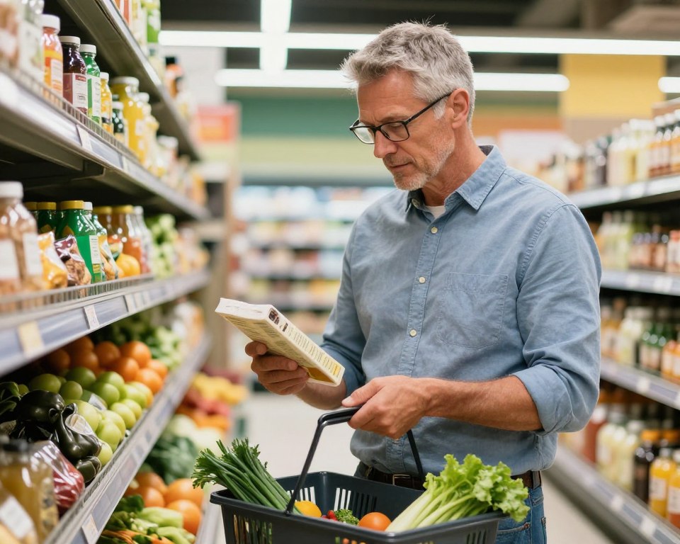 Healthy senior man over 50 reading food labels while grocery shopping in produce section