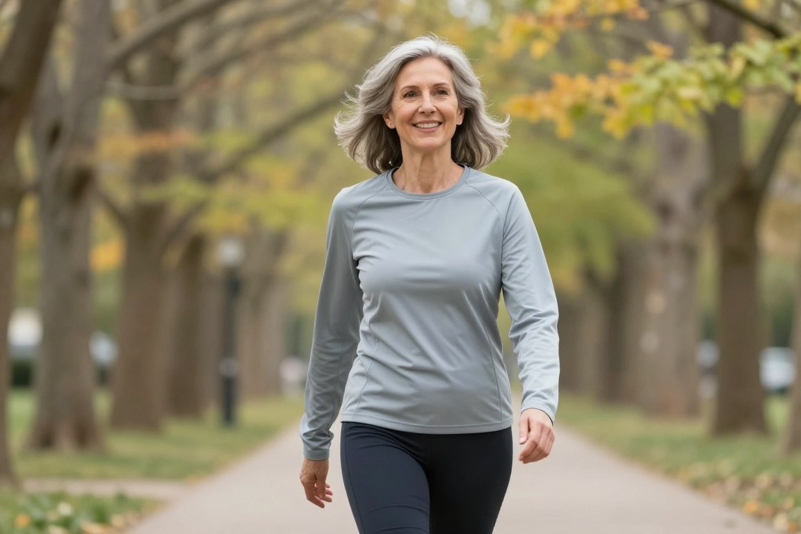Healthy senior woman over 50 walking outdoors with comfortable mobility and smiling