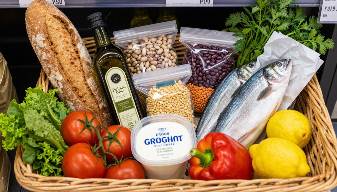 Mediterranean diet grocery shopping basket with whole grains vegetables olive oil