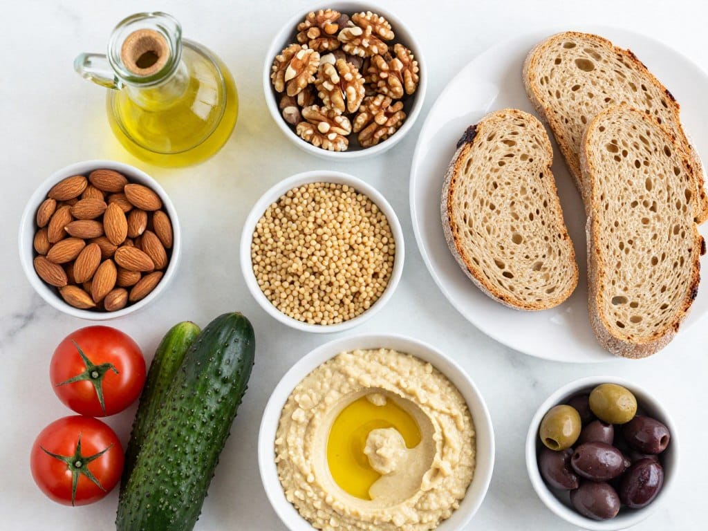 Mediterranean fat and fiber food combinations with olive oil nuts whole grains