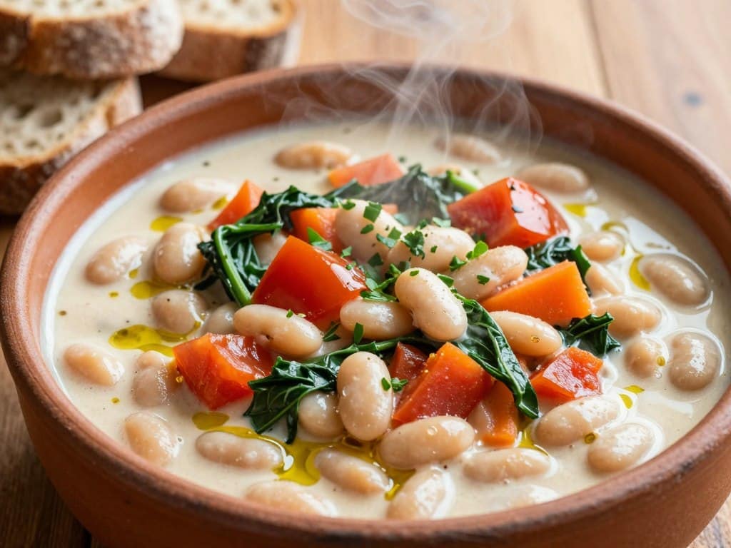 Mediterranean white bean vegetable stew in rustic bowl with olive oil drizzle