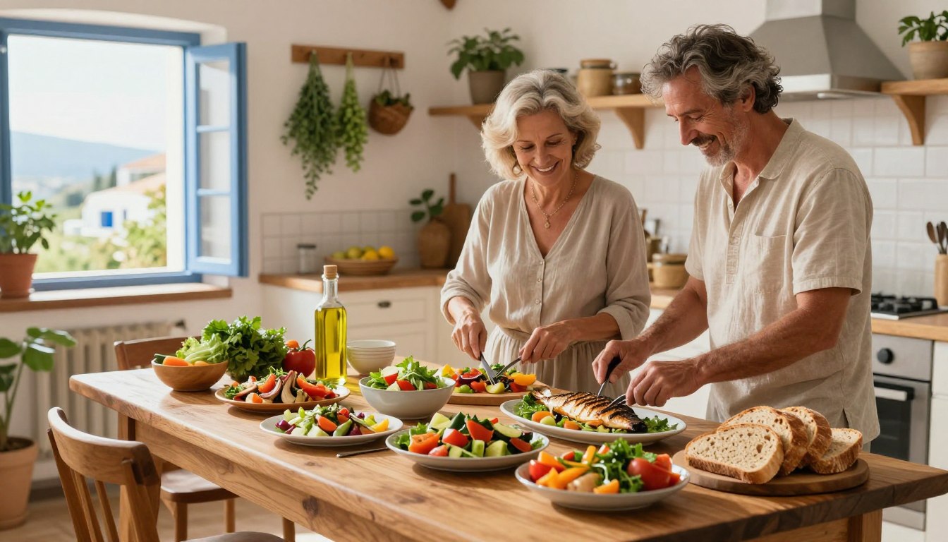 a picturesque Mediterranean kitchen, featuring a beautifully laid-out wooden table filled with vibrant, colorful dishes that embody a Mediterranean diet: fresh salads drizzled with olive oil, whole grain bread, grilled fish, and an assortment of vegetables. In the foreground, two realistic healthy adults aged 50+, one male and one female, casually dressed in modest, relaxing attire, are joyfully preparing meals together. The middle ground displays an inviting kitchen scene with herbs hanging and natural light streaming in through open windows, creating a warm and welcoming atmosphere. The background includes a simple but elegant display of Mediterranean scenery, hinting at the region's stunning landscapes. The lighting is soft and natural, evoking a sense of calmness and nourishment, perfect for promoting healthy living. a picturesque Mediterranean kitchen, featuring a beautifully laid-out wooden table filled with vibrant, colorful dishes that embody a Mediterranean diet: fresh salads drizzled with olive oil, whole grain bread, grilled fish, and an assortment of vegetables. In the foreground, two realistic healthy adults aged 50+, one male and one female, casually dressed in modest, relaxing attire, are joyfully preparing meals together. The middle ground displays an inviting kitchen scene with herbs hanging and natural light streaming in through open windows, creating a warm and welcoming atmosphere. The background includes a simple but elegant display of Mediterranean scenery, hinting at the region's stunning landscapes. The lighting is soft and natural, evoking a sense of calmness and nourishment, perfect for promoting healthy living.