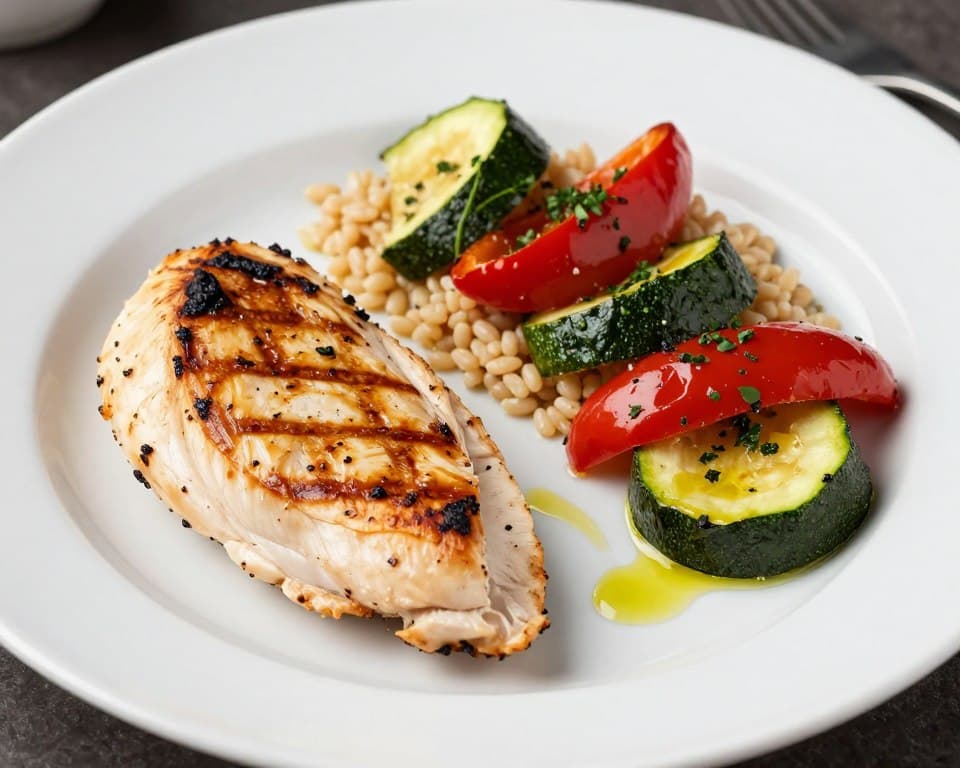balanced Mediterranean meal plate showing proper portions of protein vegetables whole grains and healthy fats