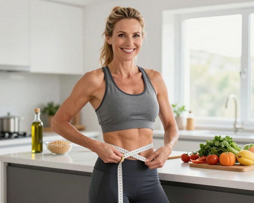 healthy mature adult measuring waist showing sustainable weight management results