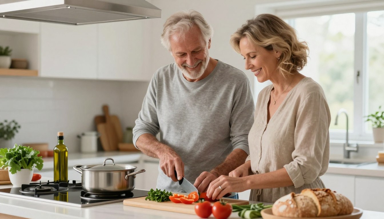 mature couple cooking Mediterranean meal together in modern kitchen
