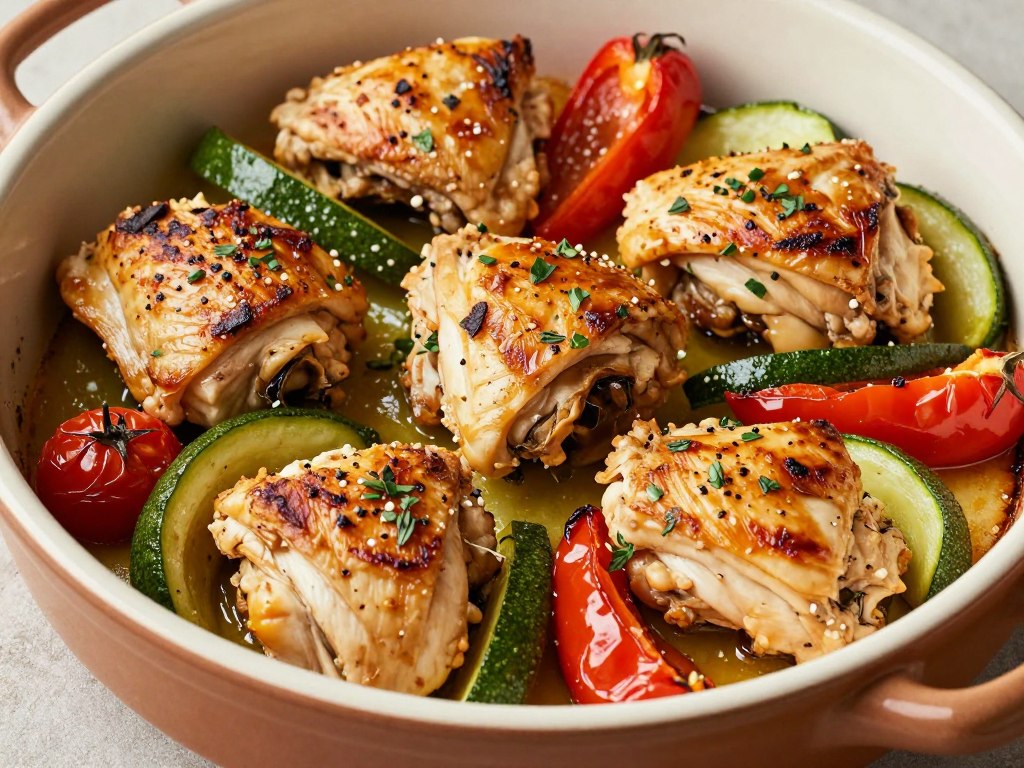 mediterranean chicken and vegetable bake in rustic dish
