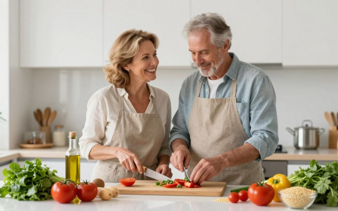 mediterranean diet for joint pain featuring healthy older couple cooking together with fresh vegetables