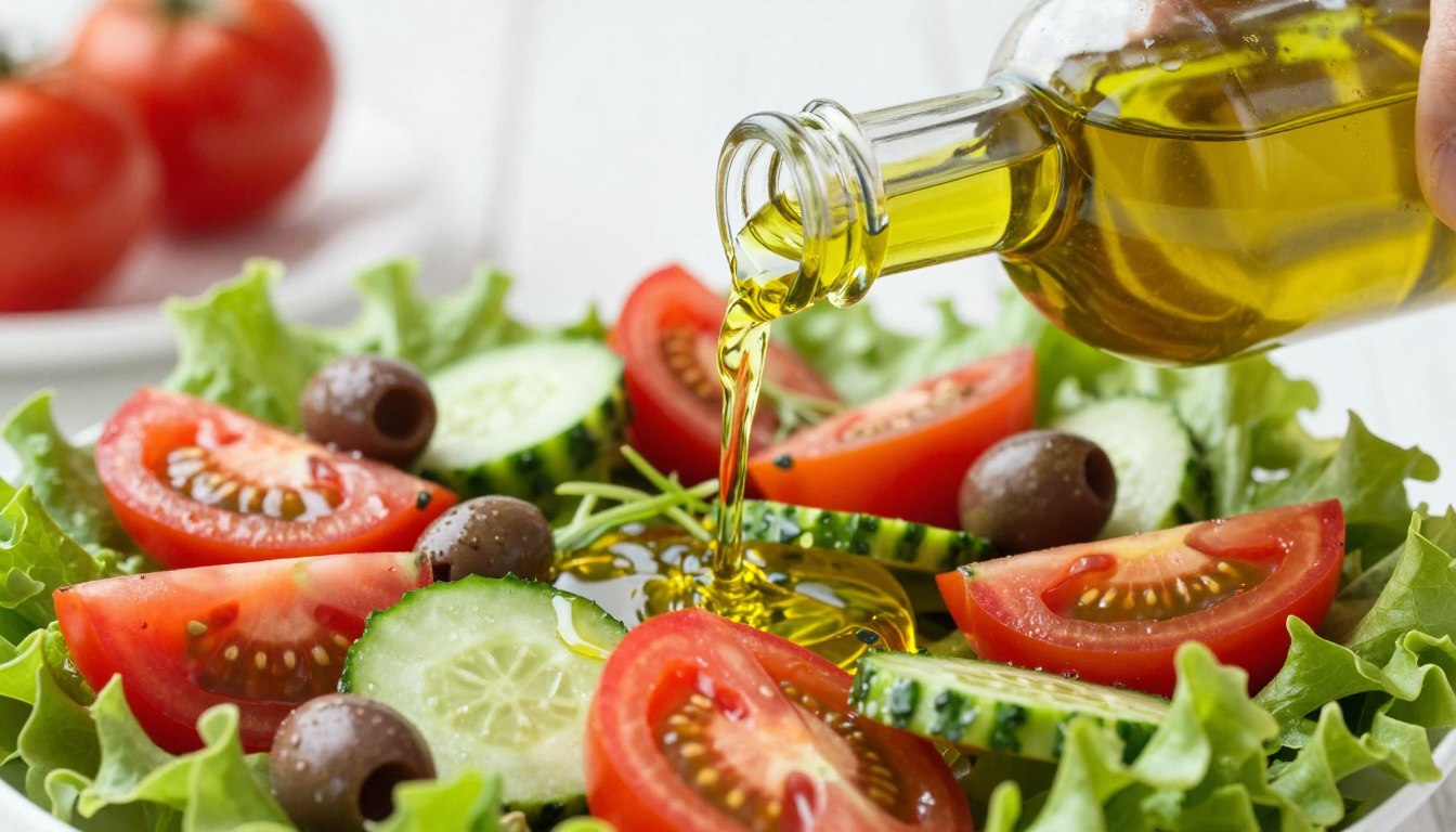 olive oil being poured over fresh Mediterranean salad
