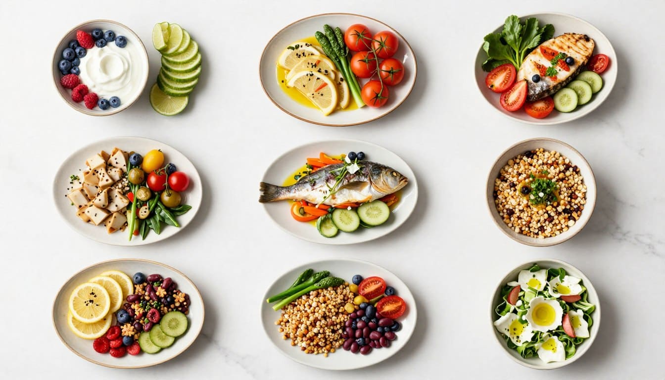 seven day Mediterranean meal plan ingredients and prepared dishes