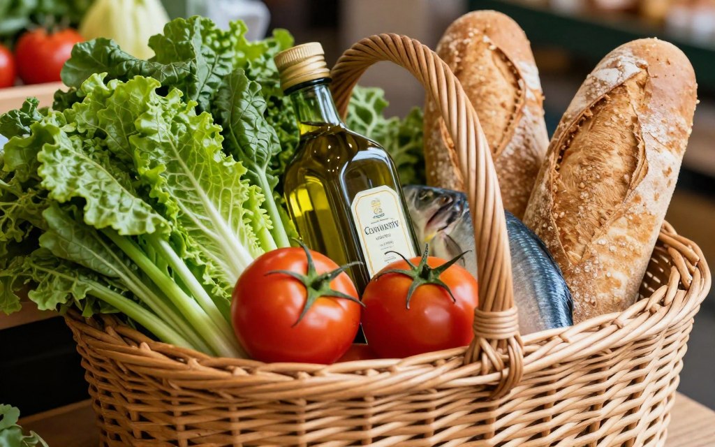 shopping basket filled with fresh Mediterranean ingredients