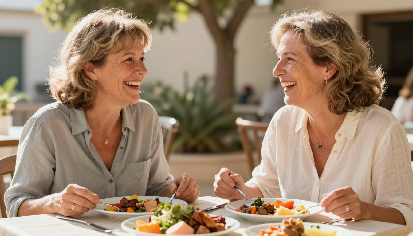 two older friends sharing a healthy Mediterranean meal