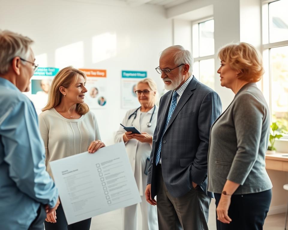 A bright and inviting healthcare clinic interior focused on health screenings for individuals over 50. In the foreground, a diverse group of three adults in professional attire (business casual) engaged in discussion around a checklist, symbolizing health screenings and preventive care. The middle layer features a nurse helping a patient with a medical device, showcasing a supportive environment. The background includes posters about disease prevention, an inviting reception area, and soft natural light streaming through large windows, creating an uplifting atmosphere. The angle captures the teamwork and dedication in the health screening process. The overall mood is hopeful, showcasing the importance of proactive health management in later life.