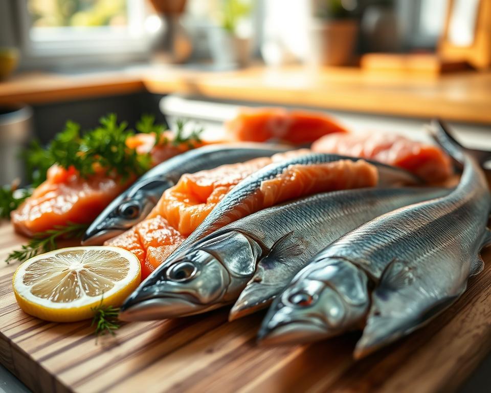 A close-up of a variety of fatty fish displayed on a sleek wooden cutting board, highlighting fresh salmon, mackerel, and sardines with glistening skin and rich colors. Place a few lemon wedges and sprigs of fresh herbs like dill and parsley beside the fish, adding vibrant splashes of green. The background features a soft-focus kitchen setting, with warm, natural lighting streaming in from a nearby window, casting gentle shadows. The overall atmosphere conveys a sense of health and vitality, inviting viewers to embrace a nutritious, anti-inflammatory diet. Use a shallow depth of field to draw attention to the fish, ensuring a crisp, high-resolution finish that emphasizes texture and freshness. A close-up of a variety of fatty fish displayed on a sleek wooden cutting board, highlighting fresh salmon, mackerel, and sardines with glistening skin and rich colors. Place a few lemon wedges and sprigs of fresh herbs like dill and parsley beside the fish, adding vibrant splashes of green. The background features a soft-focus kitchen setting, with warm, natural lighting streaming in from a nearby window, casting gentle shadows. The overall atmosphere conveys a sense of health and vitality, inviting viewers to embrace a nutritious, anti-inflammatory diet. Use a shallow depth of field to draw attention to the fish, ensuring a crisp, high-resolution finish that emphasizes texture and freshness.