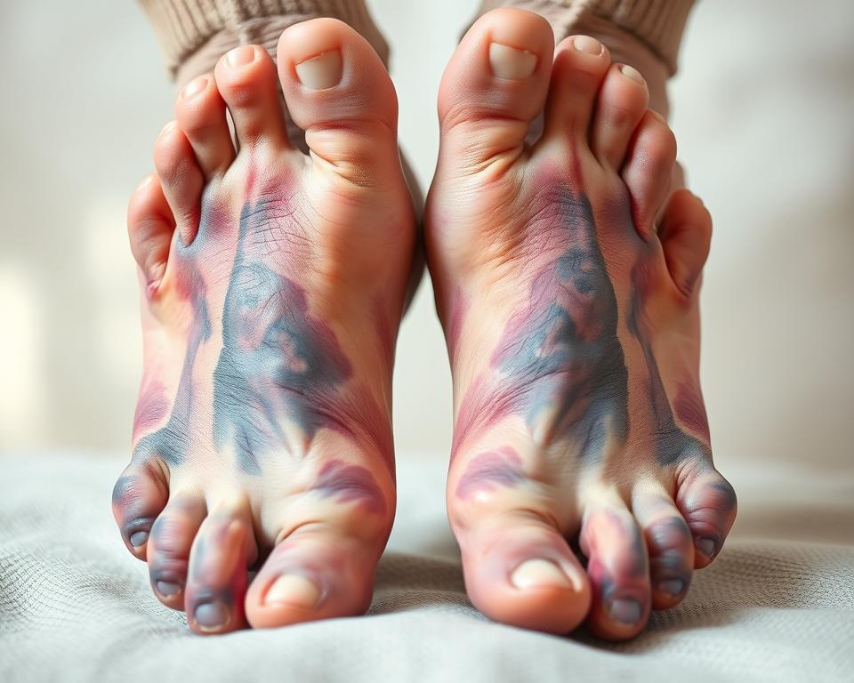 A close-up view of a pair of feet showing visible warning signs of poor circulation, such as discoloration with shades of purple and blue, coldness, and swelling. The feet should be positioned against a soft, neutral background to emphasize the vascular issues. Lighting should be soft and natural to highlight the texture of the skin, without harsh shadows. The image should capture a clinical yet sympathetic atmosphere, conveying the seriousness of health concerns related to circulation. Include subtle indicators of age-related context, such as a modest, neutral-toned sock or footwear at the edges of the frame, enhancing the narrative without dominating the focus on the feet. A close-up view of a pair of feet showing visible warning signs of poor circulation, such as discoloration with shades of purple and blue, coldness, and swelling. The feet should be positioned against a soft, neutral background to emphasize the vascular issues. Lighting should be soft and natural to highlight the texture of the skin, without harsh shadows. The image should capture a clinical yet sympathetic atmosphere, conveying the seriousness of health concerns related to circulation. Include subtle indicators of age-related context, such as a modest, neutral-toned sock or footwear at the edges of the frame, enhancing the narrative without dominating the focus on the feet.