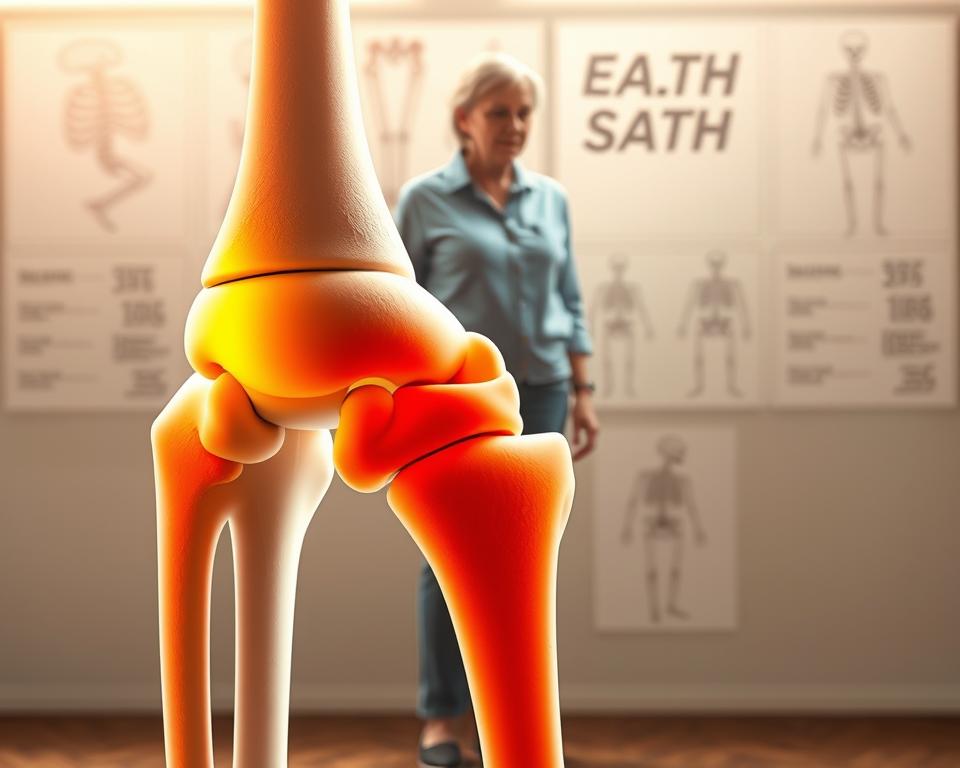 A detailed illustration depicting bone density changes after age 50. In the foreground, a digital representation of a human femur, showcasing areas of increased and decreased bone density with color gradients indicating strength variations. The middle layer includes a transparent silhouette of a mature adult in modest casual clothing, observing the femur, symbolizing awareness of bone health. The background features anatomical diagrams of bones and connective tissue, presented in a soft-focus to emphasize the foreground elements. Use soft, natural lighting to create an informative and educational atmosphere. The image should be warm and inviting, with a focus on health and prevention, captured from a slightly elevated angle to provide depth and perspective on the bone structure.