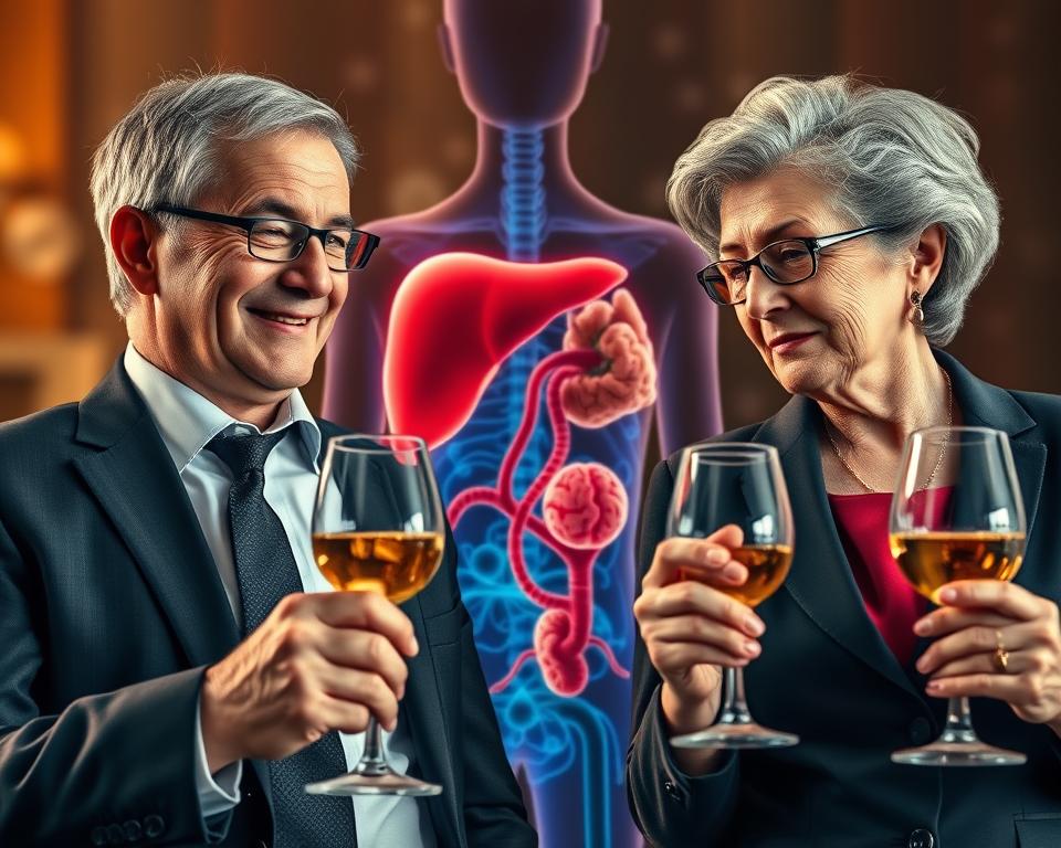 A detailed illustration depicting the effects of aging on the body’s response to alcohol. In the foreground, a side-by-side comparison of two figures: a middle-aged man and a senior woman, both in professional business attire, experiencing differing reactions to glasses of wine in their hands. The middle-aged man appears relaxed and jovial, while the senior woman, showing subtle signs of discomfort, glances thoughtfully at her glass. The middle section features a vivid, anatomically inspired illustration highlighting key organs such as the liver and brain, with subtle changes represented visually (like color shifts or transparency effects) to suggest how aging alters alcohol metabolism. The background is softly lit with warm tones, evoking a contemplative atmosphere, blended with abstract representations of aging cells. Use a shallow depth of field to emphasize the figures while maintaining focus on the anatomical changes.