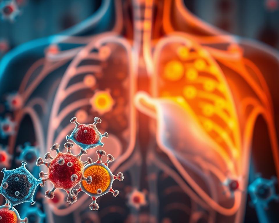 A detailed illustration of thymus T-cell production, showcasing the thymus gland in a vibrant and biologically accurate interior view. In the foreground, visualize active T-cells maturing, featuring distinct shapes and colors, under the warm, ethereal glow of soft, diffused light that highlights their cellular structure. The middle plane depicts the thymus gland with a semi-transparent layer, revealing the intricate dendritic cells and the environment where T-cell differentiation occurs. In the background, anatomical illustrations of the human chest, softly blurred, provide context without overwhelming the focus. Capture a scientific, yet inviting atmosphere, suggesting vitality and resilience, with an emphasis on health, enhancement of immune function, and the body's innate ability to defend itself over time. Use a moderate depth of field to draw attention to the cellular action while maintaining a clarity of surrounding anatomy.