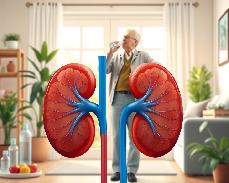 A detailed illustration representing kidney function, emphasizing health habits for individuals over 50. In the foreground, display a healthy pair of kidneys anatomically accurate, surrounded by symbols of hydration, nutrition, and physical activity, such as water bottles, fruits, and dumbbells. The middle layer should feature an older adult, dressed in modest, professional casual clothing, engaged in a gentle activity like stretching or drinking water, symbolizing healthy habits. The background should depict a serene, well-lit home environment with plants and a clear, sunny window, creating a warm and inviting atmosphere. Use soft, natural lighting to enhance the mood, ensuring a focus on health, vitality, and well-being.