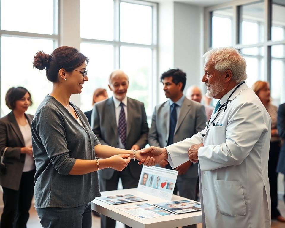 A diverse group of middle-aged adults, dressed in professional business attire, engaged in a health screening event in a bright, inviting clinic setting. In the foreground, a nurse is checking a woman's blood pressure while another man converses with a doctor, both looking attentive and engaged. In the middle ground, a table displays informative brochures about preventive health screenings for individuals over fifty, including heart health and cancer screenings. The background features large windows letting in natural light, enhancing the atmosphere of trust and care. The scene is warm and positive, emphasizing the importance of proactive health management. Use soft, diffused lighting to create a welcoming environment, focus on a slightly elevated angle to capture the interactions and the informative context of preventive care.