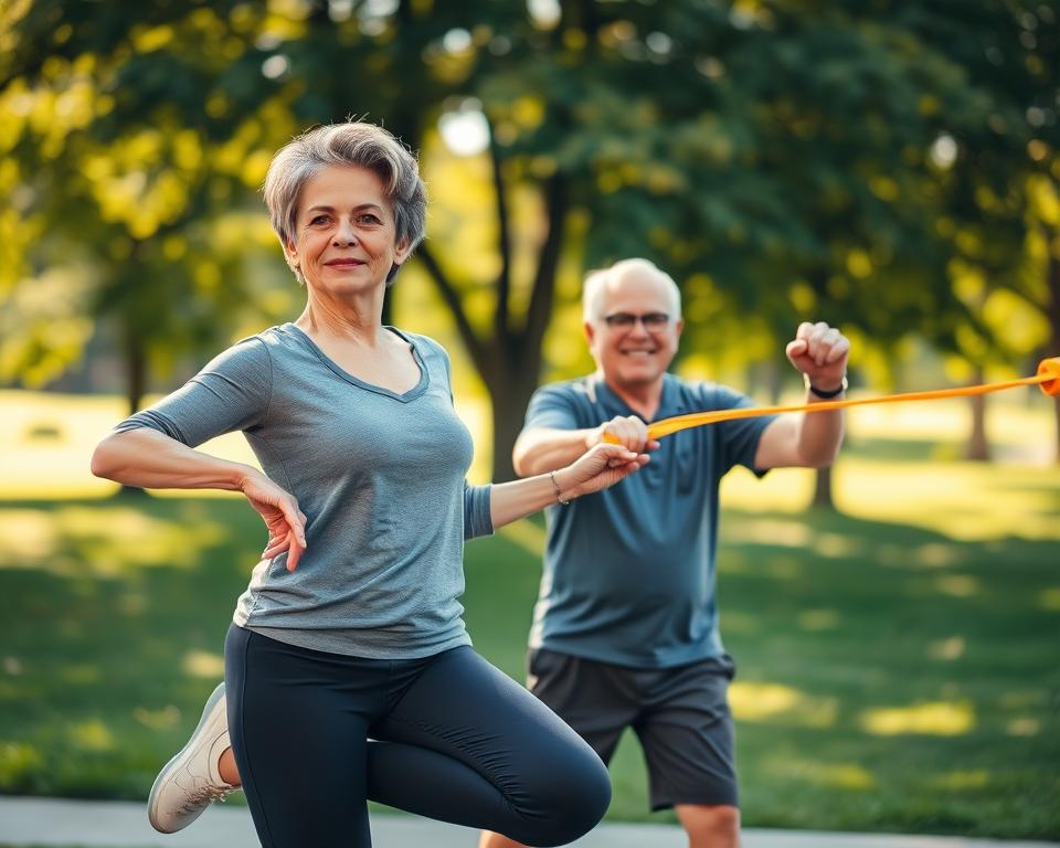 A group of three older adults engaged in light exercise outdoors, showcasing a sense of vitality and community. In the foreground, a woman with short gray hair wears stylish yet modest athletic wear, gracefully demonstrating a balance pose on one leg. Beside her, a man with glasses and a warm smile uses a resistance band, showcasing strength training. In the background, a well-maintained park with green trees and soft sunlight filters through, creating a soothing atmosphere. The lighting is warm and inviting, suggesting a late afternoon glow, while a shallow depth of field emphasizes the subjects in focus, enhancing the mood of empowerment and positivity surrounding healthy aging.