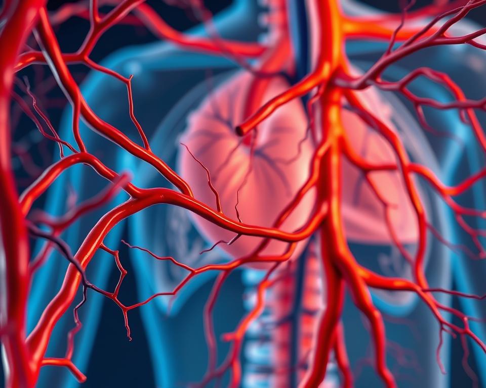 A highly detailed illustration of human blood vessels showcasing their intricate and dynamic network within the circulatory system. In the foreground, depict a close-up view of richly colored arteries and veins, emphasizing their varied textures and branching structures. The middle ground should feature a semi-transparent layer illustrating surrounding tissues, offering context to the blood vessels. In the background, gently blurred organs like the heart and lungs provide a sense of depth. Utilize soft, ambient lighting to highlight the vessels’ contours, simulating a medical illustration style. A warm color palette of reds and deep blues enhances the organic feel of the circulatory system, evoking a sense of vitality and health. The overall atmosphere should be informative yet engaging, suitable for a professional medical context. A highly detailed illustration of human blood vessels showcasing their intricate and dynamic network within the circulatory system. In the foreground, depict a close-up view of richly colored arteries and veins, emphasizing their varied textures and branching structures. The middle ground should feature a semi-transparent layer illustrating surrounding tissues, offering context to the blood vessels. In the background, gently blurred organs like the heart and lungs provide a sense of depth. Utilize soft, ambient lighting to highlight the vessels’ contours, simulating a medical illustration style. A warm color palette of reds and deep blues enhances the organic feel of the circulatory system, evoking a sense of vitality and health. The overall atmosphere should be informative yet engaging, suitable for a professional medical context.