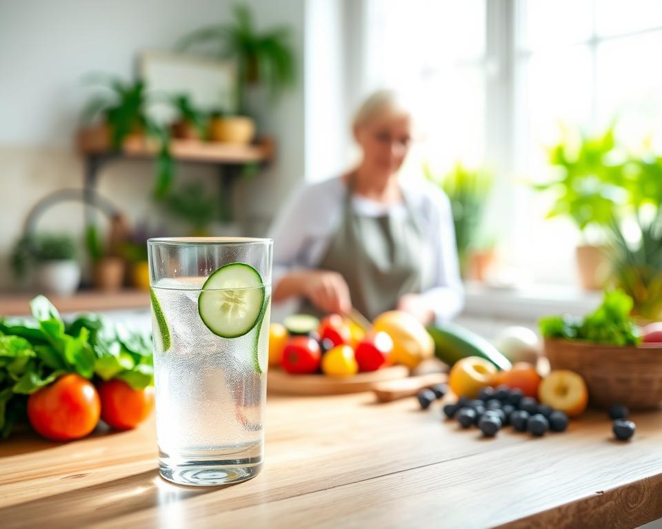 A peaceful kitchen setting bathed in soft, natural light, showcasing a wooden table laden with vibrant, fresh fruits and vegetables, such as spinach, apples, and blueberries, symbolizing a balanced diet for kidney support. In the foreground, a glass of clear, refreshing water with cucumber slices floats beside a colorful fruit salad. The middle ground features a calm, older adult male and female in modest casual clothing, engaged in preparing a nutritious meal, emphasizing community and togetherness. The background is softly blurred, revealing a bright window with green potted plants, enhancing the atmosphere of health and wellness. The overall mood is serene and inviting, illustrating lifestyle adjustments for long-term renal wellness.