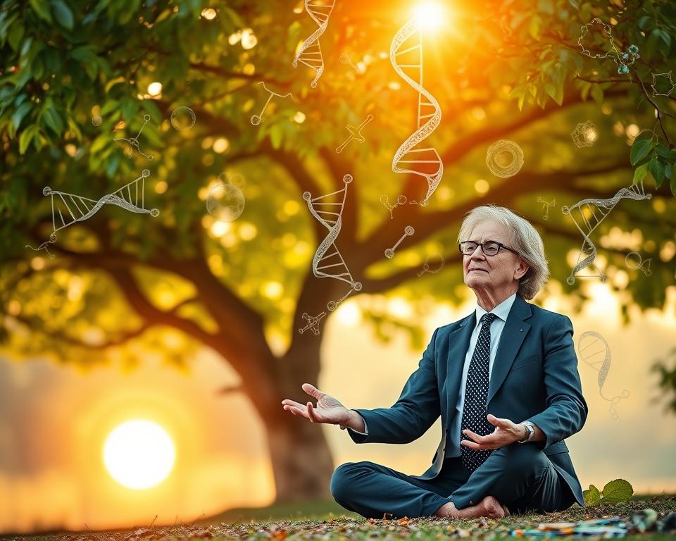 A serene and balanced scene illustrating the biology of aging and stress. In the foreground, a middle-aged man and woman, dressed in professional business attire, engage in mindfulness meditation under a lush green tree, symbolizing tranquility and emotional well-being. In the middle ground, biology-themed visual elements, such as DNA strands and cellular structures, subtly intertwined with branches and leaves, reflect the scientific aspects of aging. The background features a warm, soft-focus sunset, casting a calming golden light throughout the scene, enhancing the peaceful atmosphere. The image should have a slight bokeh effect for depth, and convey a mood of serenity, health, and aging gracefully, inviting viewers to contemplate the relationship between stress management and biological processes. A serene and balanced scene illustrating the biology of aging and stress. In the foreground, a middle-aged man and woman, dressed in professional business attire, engage in mindfulness meditation under a lush green tree, symbolizing tranquility and emotional well-being. In the middle ground, biology-themed visual elements, such as DNA strands and cellular structures, subtly intertwined with branches and leaves, reflect the scientific aspects of aging. The background features a warm, soft-focus sunset, casting a calming golden light throughout the scene, enhancing the peaceful atmosphere. The image should have a slight bokeh effect for depth, and convey a mood of serenity, health, and aging gracefully, inviting viewers to contemplate the relationship between stress management and biological processes.