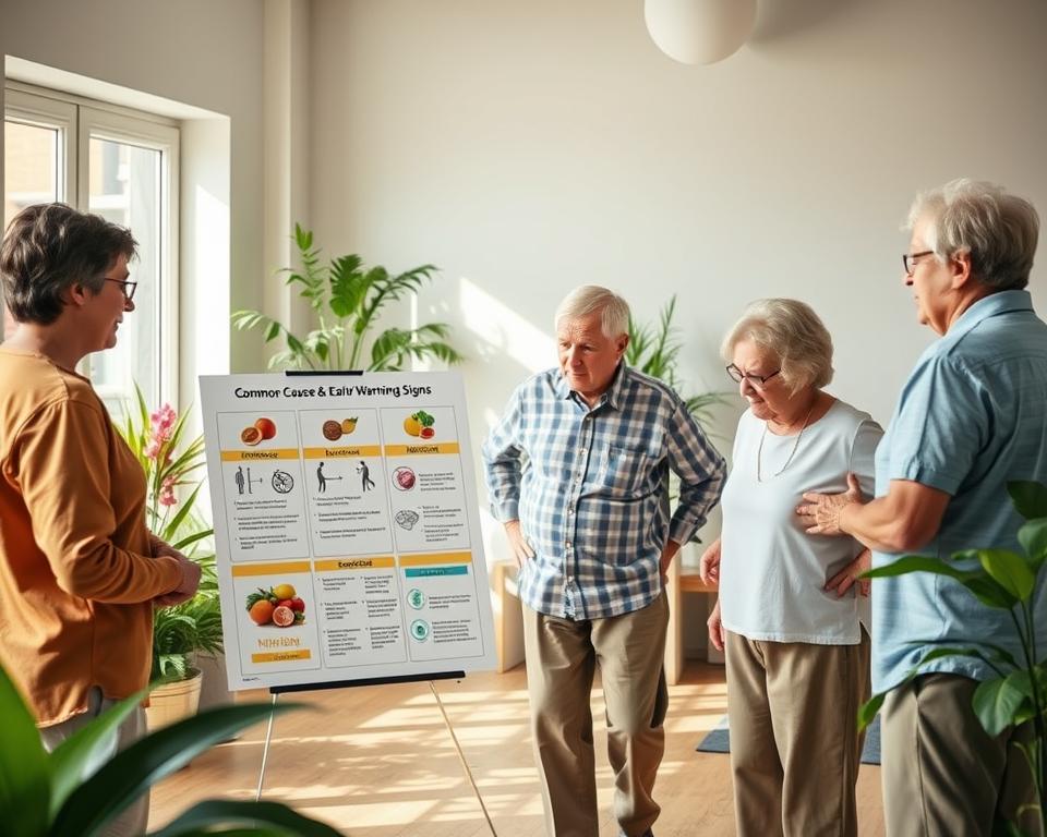 A serene and informative scene depicting the common causes and early warning signs of fall risk in individuals over 50. In the foreground, a diverse group of adults, dressed in modest casual clothing, are engaged in a discussion while looking at a chart illustrating balance exercises and nutrition tips. In the middle ground, an elderly person is shown practicing balance exercises with strong focus, highlighting the importance of strength and coordination. The background showcases a bright, inviting room filled with plants and natural light streaming in through large windows, creating a warm atmosphere. The composition uses soft lighting to convey a sense of calm and safety, emphasizing the proactive approach to maintaining stability and health. The angle is slightly overhead, allowing for a comprehensive view of the interactions and activities in the space.