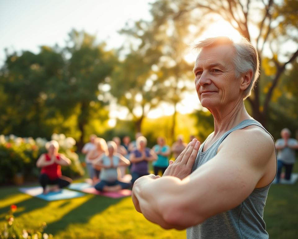 A serene and inspiring scene depicting a middle-aged person practicing mindful energy habits outdoors, in a sunlit park during golden hour. The foreground features a fit individual, dressed in comfortable, modest athletic wear, performing gentle stretches against a backdrop of lush greenery and blooming flowers. Their expression reflects calm focus and tranquility. In the middle ground, a diverse group of older adults participates in a small group yoga session on mats, embodying connection and community. The background reveals soft sunlight filtering through trees, creating dappled light effects. This image captures a warm, uplifting atmosphere, symbolizing vitality and resilience, showcasing the benefits of proactive energy habits in preventing fatigue. Use a wide-angle lens to emphasize the tranquil environment, enhancing the feeling of openness and positivity. A serene and inspiring scene depicting a middle-aged person practicing mindful energy habits outdoors, in a sunlit park during golden hour. The foreground features a fit individual, dressed in comfortable, modest athletic wear, performing gentle stretches against a backdrop of lush greenery and blooming flowers. Their expression reflects calm focus and tranquility. In the middle ground, a diverse group of older adults participates in a small group yoga session on mats, embodying connection and community. The background reveals soft sunlight filtering through trees, creating dappled light effects. This image captures a warm, uplifting atmosphere, symbolizing vitality and resilience, showcasing the benefits of proactive energy habits in preventing fatigue. Use a wide-angle lens to emphasize the tranquil environment, enhancing the feeling of openness and positivity.