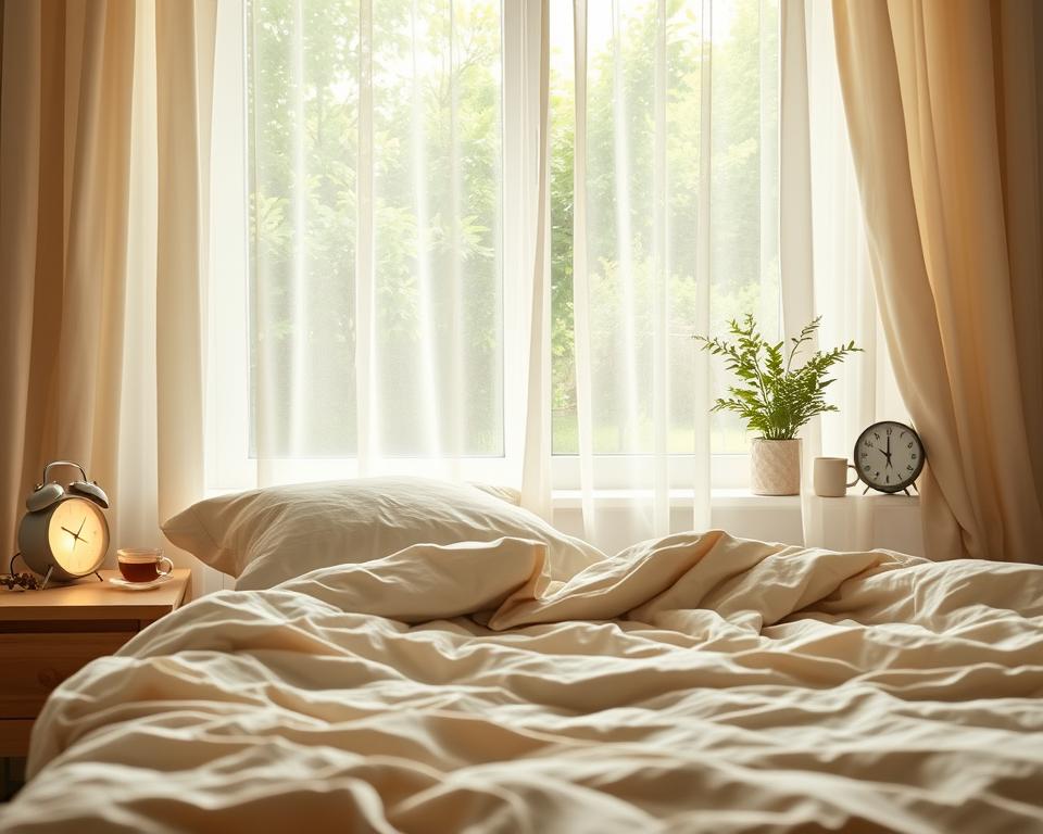 A serene bedroom scene designed to evoke the essence of quality sleep. In the foreground, a cozy, unmade bed with soft, fluffy pillows and a warm, inviting duvet. A bedside table holds a gentle alarm clock, a soft glowing lamp, and a calming herbal tea. In the middle ground, sheer curtains gently billow, allowing soft, natural light to filter in, creating a tranquil atmosphere. In the background, lush greenery through the window symbolizes vitality and health. The scene is textured with warm tones, evoking a sense of relaxation and comfort. Ideal for conveying the significance of sleep in promoting well-being, the overall mood is peaceful and restorative, capturing the essence of restful nights essential for health after age 50. A serene bedroom scene designed to evoke the essence of quality sleep. In the foreground, a cozy, unmade bed with soft, fluffy pillows and a warm, inviting duvet. A bedside table holds a gentle alarm clock, a soft glowing lamp, and a calming herbal tea. In the middle ground, sheer curtains gently billow, allowing soft, natural light to filter in, creating a tranquil atmosphere. In the background, lush greenery through the window symbolizes vitality and health. The scene is textured with warm tones, evoking a sense of relaxation and comfort. Ideal for conveying the significance of sleep in promoting well-being, the overall mood is peaceful and restorative, capturing the essence of restful nights essential for health after age 50.