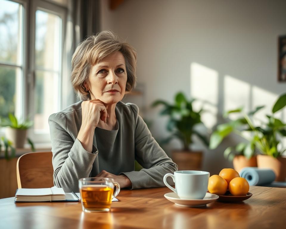 A serene, contemplative scene depicting a middle-aged woman in a cozy, warmly lit room, symbolizing the menopausal transition. In the foreground, she sits thoughtfully at a wooden table, gently holding a cup of herbal tea, dressed in modest, professional attire. Her expression reflects a mixture of introspection and empowerment. In the middle, a soft-focus view of wellness items like a journal, yoga mat, and fruits represents healthy lifestyle choices during this phase. The background showcases a sunlit window with gentle natural light pouring in, lush green plants adding a sense of vitality. The overall atmosphere is peaceful and hopeful, emphasizing balance and acceptance during this life chapter, captured at an eye-level angle to foster connection. A serene, contemplative scene depicting a middle-aged woman in a cozy, warmly lit room, symbolizing the menopausal transition. In the foreground, she sits thoughtfully at a wooden table, gently holding a cup of herbal tea, dressed in modest, professional attire. Her expression reflects a mixture of introspection and empowerment. In the middle, a soft-focus view of wellness items like a journal, yoga mat, and fruits represents healthy lifestyle choices during this phase. The background showcases a sunlit window with gentle natural light pouring in, lush green plants adding a sense of vitality. The overall atmosphere is peaceful and hopeful, emphasizing balance and acceptance during this life chapter, captured at an eye-level angle to foster connection.