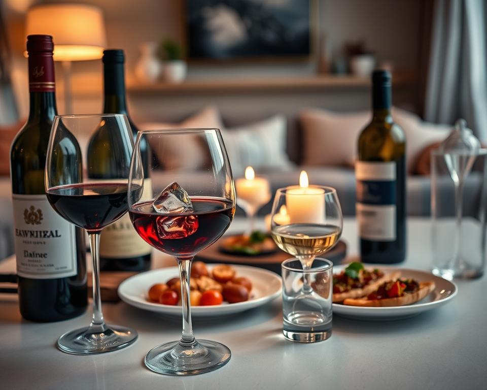 A serene dining table elegantly set for two, featuring a variety of wine and alcohol bottles with contrasting labels. The foreground includes two glasses with red and white wine, ice cubes glistening in a stylish short glass, reflecting light. In the middle ground, dishes of gourmet appetizers are artfully arranged, hinting at a social setting. A soft, warm glow from ambient lighting creates an inviting atmosphere, with delicate candlelight flickering. The background is softly blurred, showcasing a tasteful living room with muted colors and cozy decor, suggesting an intimate gathering. The scene evokes a sense of mindful consumption, focusing on moderation and enjoyment. The perspective is slightly elevated, capturing the elegance and sophistication of the setting while maintaining an overall calming mood.