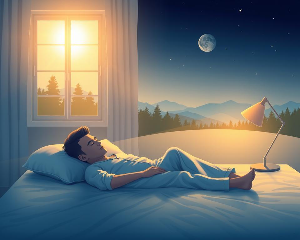 A serene landscape illustrating the concept of circadian rhythm, featuring a gradual transition from night to day. In the foreground, a calm sleeping figure on a bed, dressed in modest pajamas, with a gentle glow from a bedside lamp casting soft shadows. The middle ground showcases a window revealing a bright morning sky, symbolizing awakening and the natural cycle of day and night. In the background, silhouettes of trees and distant mountains are illuminated by the rising sun, enhancing the sense of time passing. Use soft, warm lighting to create a peaceful atmosphere, with a slight focus on the sleeping figure to highlight the role of sleep in aging. A balanced composition with a soothing color palette of blues and yellows evokes tranquility and the importance of a healthy circadian rhythm. A serene landscape illustrating the concept of circadian rhythm, featuring a gradual transition from night to day. In the foreground, a calm sleeping figure on a bed, dressed in modest pajamas, with a gentle glow from a bedside lamp casting soft shadows. The middle ground showcases a window revealing a bright morning sky, symbolizing awakening and the natural cycle of day and night. In the background, silhouettes of trees and distant mountains are illuminated by the rising sun, enhancing the sense of time passing. Use soft, warm lighting to create a peaceful atmosphere, with a slight focus on the sleeping figure to highlight the role of sleep in aging. A balanced composition with a soothing color palette of blues and yellows evokes tranquility and the importance of a healthy circadian rhythm.