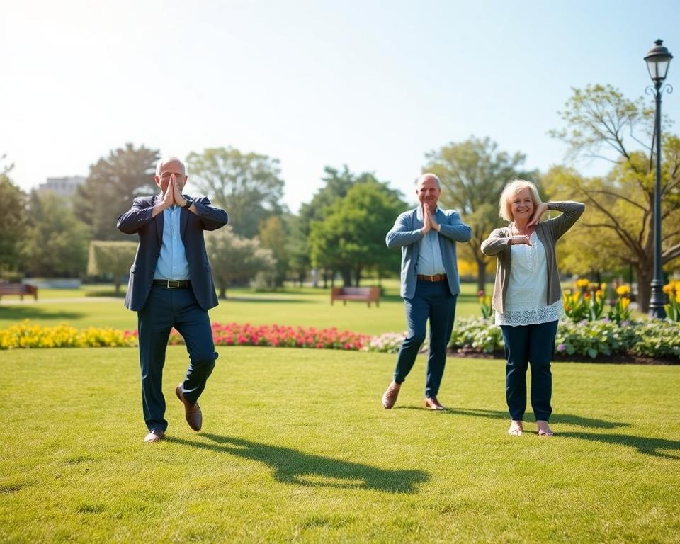 A serene outdoor scene depicting a vibrant, healthy lifestyle for individuals over 50. In the foreground, a diverse group of three people—two men and one woman—dressed in smart casual attire, are engaged in light exercise, such as yoga and stretching, on a lush green lawn. In the middle ground, a peaceful park setting is visible with trees and colorful flowers, suggesting a strong connection to nature. The background features a clear blue sky and gentle soft sunlight illuminating the scene, creating an uplifting atmosphere. The overall mood conveys health, vitality, and positivity in aging, illustrating the importance of maintaining a healthy weight for disease prevention after 50. The composition is well-balanced, with a focus on the figures and elements of nature harmonizing together. A serene outdoor scene depicting a vibrant, healthy lifestyle for individuals over 50. In the foreground, a diverse group of three people—two men and one woman—dressed in smart casual attire, are engaged in light exercise, such as yoga and stretching, on a lush green lawn. In the middle ground, a peaceful park setting is visible with trees and colorful flowers, suggesting a strong connection to nature. The background features a clear blue sky and gentle soft sunlight illuminating the scene, creating an uplifting atmosphere. The overall mood conveys health, vitality, and positivity in aging, illustrating the importance of maintaining a healthy weight for disease prevention after 50. The composition is well-balanced, with a focus on the figures and elements of nature harmonizing together.
