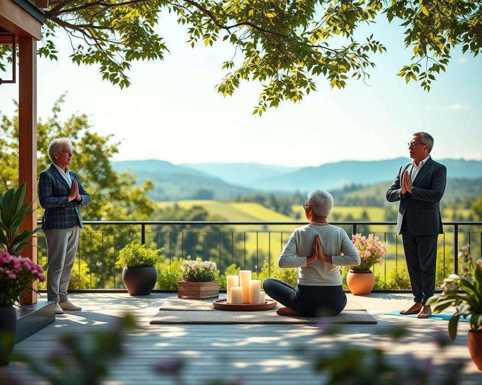 A serene scene illustrating the concept of age health and stress prevention for individuals over 50. In the foreground, a diverse group of three older adults, dressed in professional business attire, engage in a calming yoga session on a sunlit deck surrounded by lush greenery. The middle layer features a variety of stress-relief elements, such as meditation cushions, soft candles, and flowering plants that create a peaceful environment. In the background, a picturesque landscape of rolling hills and a clear blue sky completes the setting, suggesting a harmonious connection to nature. Soft lighting enhances the tranquility of the scene, capturing a hopeful and serene atmosphere, while a shallow depth of field keeps the focus on the individuals practicing calm habits. A serene scene illustrating the concept of age health and stress prevention for individuals over 50. In the foreground, a diverse group of three older adults, dressed in professional business attire, engage in a calming yoga session on a sunlit deck surrounded by lush greenery. The middle layer features a variety of stress-relief elements, such as meditation cushions, soft candles, and flowering plants that create a peaceful environment. In the background, a picturesque landscape of rolling hills and a clear blue sky completes the setting, suggesting a harmonious connection to nature. Soft lighting enhances the tranquility of the scene, capturing a hopeful and serene atmosphere, while a shallow depth of field keeps the focus on the individuals practicing calm habits.