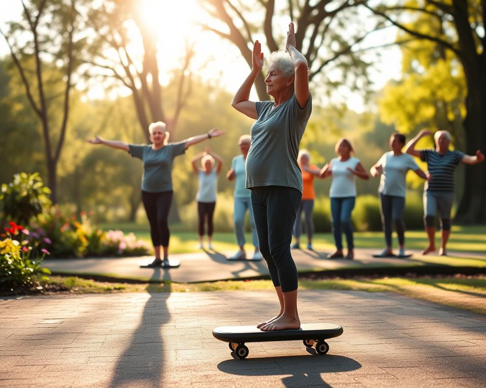A serene scene illustrating the concept of balance in life for individuals over 50. In the foreground, an elderly person dressed in modest athletic wear, practicing yoga poses on a balance board, showcasing their focus and poise. In the middle ground, a diverse group of older adults engage in various balance exercises, including tai chi and resistance training, in a sunlit park setting, surrounded by lush greenery and blooming flowers. The background features a soft-focus view of sunlight filtering through trees, creating an atmosphere of calm and support. The lighting is warm and inviting, emphasizing the vitality and strength of aging bodies. The image conveys a sense of harmony, resilience, and the importance of balance for health and stability.