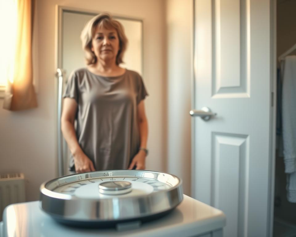 A thoughtful and serene composition depicting a middle-aged woman in modest casual clothing, standing on a scale in a softly lit bathroom. She has a calm expression, conveying a sense of acceptance and reflection. In the foreground, a close-up of the scale, subtly showing a slight increase in weight. The middle ground includes the woman’s reflection in the mirror, revealing a sense of determination and self-care. The background features warm, natural light coming through a window, accentuating a calm atmosphere. The overall mood is one of empowerment and awareness, highlighting the experience of weight changes during menopause in a relatable and respectful manner, using a wide-angle lens for a soft-focus effect. A thoughtful and serene composition depicting a middle-aged woman in modest casual clothing, standing on a scale in a softly lit bathroom. She has a calm expression, conveying a sense of acceptance and reflection. In the foreground, a close-up of the scale, subtly showing a slight increase in weight. The middle ground includes the woman’s reflection in the mirror, revealing a sense of determination and self-care. The background features warm, natural light coming through a window, accentuating a calm atmosphere. The overall mood is one of empowerment and awareness, highlighting the experience of weight changes during menopause in a relatable and respectful manner, using a wide-angle lens for a soft-focus effect.