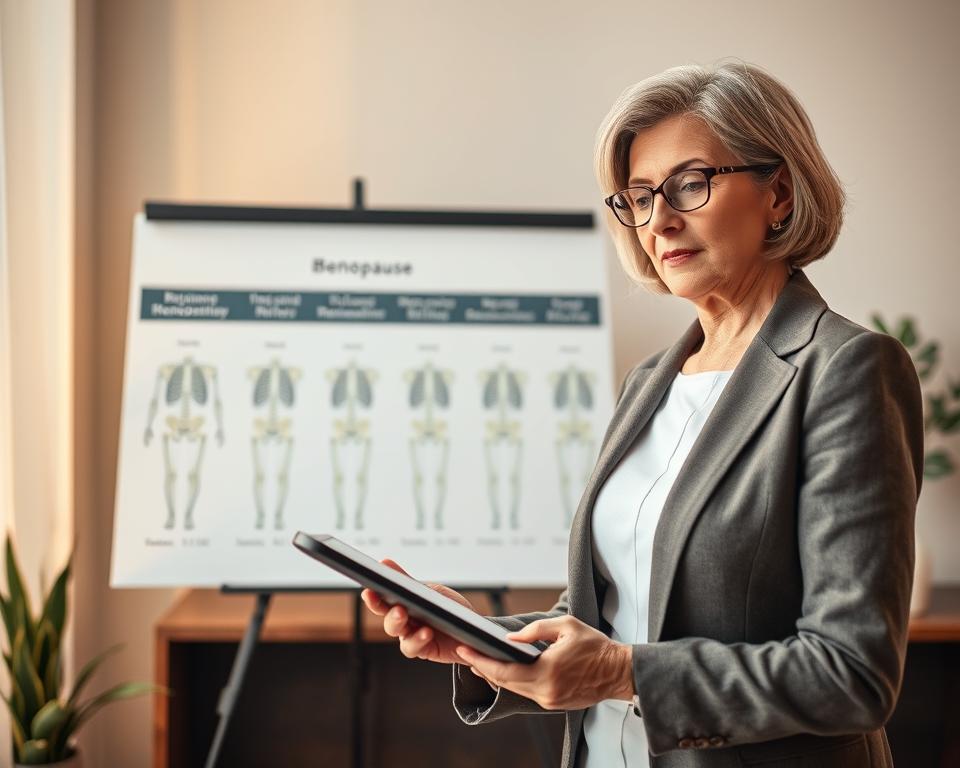 A thoughtful depiction of menopause and its impact on bone density, featuring a middle-aged woman in a professional setting. She stands in the foreground, dressed in modest business attire, actively engaging with a digital tablet that displays bone health data. Her expression reflects determination and resilience. In the middle ground, a series of skeletal illustrations showing different bone densities, highlighting the effects of menopause, are displayed on a sleek presentation board. In the background, soft, warm lighting creates a welcoming atmosphere, with neutral-toned colors and subtle plant decorations to symbolize growth and healing. The image conveys a sense of empowerment and awareness regarding women's health after 50, capturing the importance of prevention and strength.