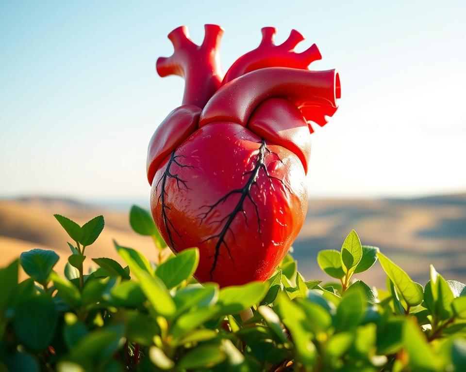 A vibrant, anatomically accurate heart in the foreground, depicted in rich reds and pinks, with clear anatomical details highlighted. Surrounding the heart, soft green foliage symbolizes a healthy lifestyle, embodying the essence of nature and wellness. In the background, a peaceful landscape unfolds, featuring rolling hills and a clear blue sky, enhancing the theme of health and vitality. Bright, warm lighting casts a gentle glow, accentuating the heart's contours and the lush greenery. The scene conveys a sense of calm and inspiration, inviting viewers to embrace a healthier lifestyle. The angle is slightly elevated, capturing the heart's beauty while integrating the serene environment harmoniously without any text or distractions.