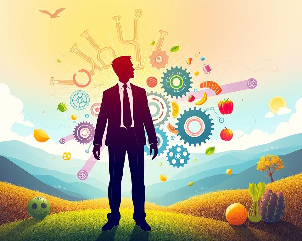 A vibrant and dynamic illustration representing the concept of metabolism and energy, featuring a human silhouette in the foreground, dressed in professional business attire, radiating with colorful energy waves symbolizing metabolic processes. In the middle ground, a series of interconnected gears and cogs representing the body's metabolic machinery, surrounded by nutrients like fruits and vegetables illustrated to show their role in energy production. The background should depict a serene environment, possibly a natural landscape blending with abstract patterns of energy flow, suggesting the balance of health and vitality. The lighting is bright and uplifting, creating a sense of optimism and wellness, with a focus on soft, warm tones to enhance the warm and encouraging atmosphere. A vibrant and dynamic illustration representing the concept of metabolism and energy, featuring a human silhouette in the foreground, dressed in professional business attire, radiating with colorful energy waves symbolizing metabolic processes. In the middle ground, a series of interconnected gears and cogs representing the body's metabolic machinery, surrounded by nutrients like fruits and vegetables illustrated to show their role in energy production. The background should depict a serene environment, possibly a natural landscape blending with abstract patterns of energy flow, suggesting the balance of health and vitality. The lighting is bright and uplifting, creating a sense of optimism and wellness, with a focus on soft, warm tones to enhance the warm and encouraging atmosphere.