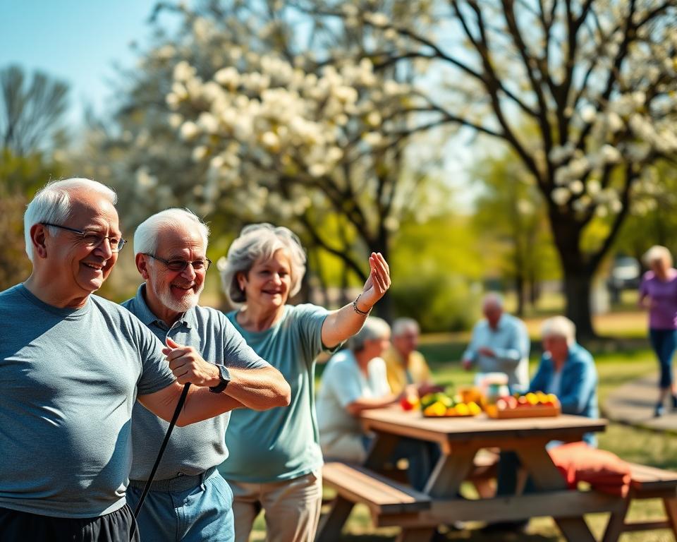 A vibrant and engaging scene depicting a diverse group of older adults in a sunny park, showcasing lifestyle changes to prevent frailty after 60. In the foreground, a cheerful elderly couple engaging in light strength training with resistance bands, wearing comfortable athletic clothing. Next to them, a woman practicing tai chi, harmonizing body and mind. In the middle ground, a small group sits at a picnic table, enjoying a healthy meal of colorful fruits and vegetables, emphasizing nutrition. In the background, blooming trees and a clear blue sky create a lively atmosphere. Soft, warm lighting enhances the inviting mood, with a shallow depth of field focusing on the activities while gently blurring the background for a more intimate feel.