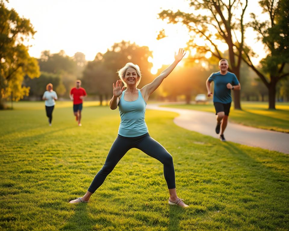A vibrant image illustrating "immune resilience after 50," featuring a diverse group of middle-aged individuals engaging in healthy lifestyle activities. In the foreground, a fit woman in her fifties is practicing yoga on a green lawn, radiating serenity and strength. In the middle ground, an active man jogs along a scenic path, embodying vitality and well-being. In the background, a serene park setting with lush trees and a soft, glowing sunset creates a warm, uplifting atmosphere. The lighting is soft, emphasizing the warmth of the golden hour, with a focus on facial expressions showcasing joy and determination. Capture this moment with a shallow depth of field to highlight the subjects while gently blurring the background, conveying a sense of focus on the importance of maintaining health and resilience in later life.