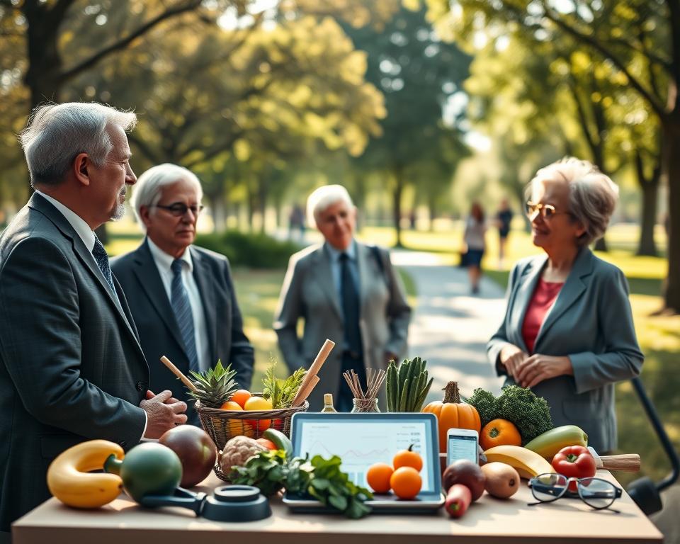 A visual representation of cancer risk after fifty, showcasing a serene and thoughtful atmosphere. In the foreground, a diverse group of older adults—two men and two women, dressed in professional business attire—are engaged in a conversation, symbolizing support and awareness. The middle ground features an assortment of healthy lifestyle choices: a table filled with fruits, vegetables, and exercise equipment, along with a subtle depiction of a medical report or statistics displayed on a tablet. The background showcases a bright, sunlit park with trees and walking paths, conveying vitality and well-being. Use soft, natural lighting to evoke a sense of hope and positivity, while maintaining a slight depth of field to focus on the discussions and themes of health and prevention. The image should inspire reflection on lifestyle choices and their impact on cancer risk without including any text or watermarks.